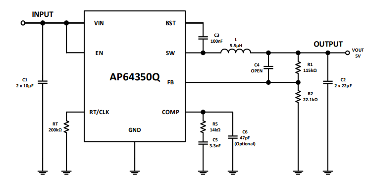 应用电路图 - Diodes Incorporated AP64350Q降压式转换器